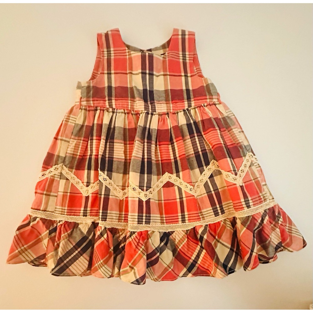 Ralph Lauren Girls 12M Plaid Fit & Flare Square Neck Lace Dress